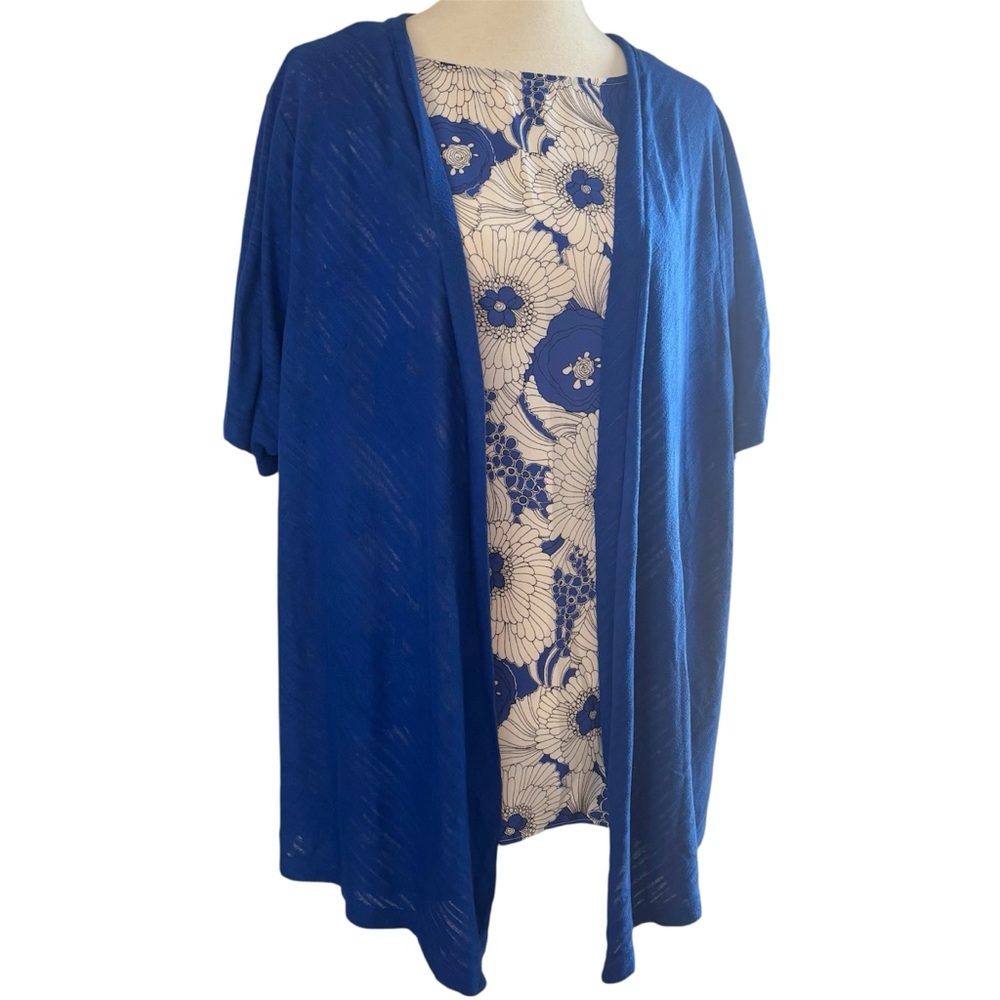 Catherines Blue Burnout Short Sleeve Open Front Waterfall Cardigan, [3X 26/28]